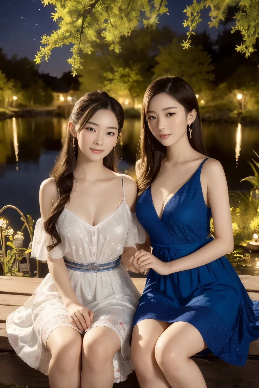 All faces and pictures must be different, high quality, highly detailed, a stunningly photorealistic closeup portrait of two beautiful Chinese women,babyfaced, intricate detailed eyes,open shoulders,skirtlift,where two mysterious women sits by the edge of a pond, capturing a romantic atmosphere under the starry sky.