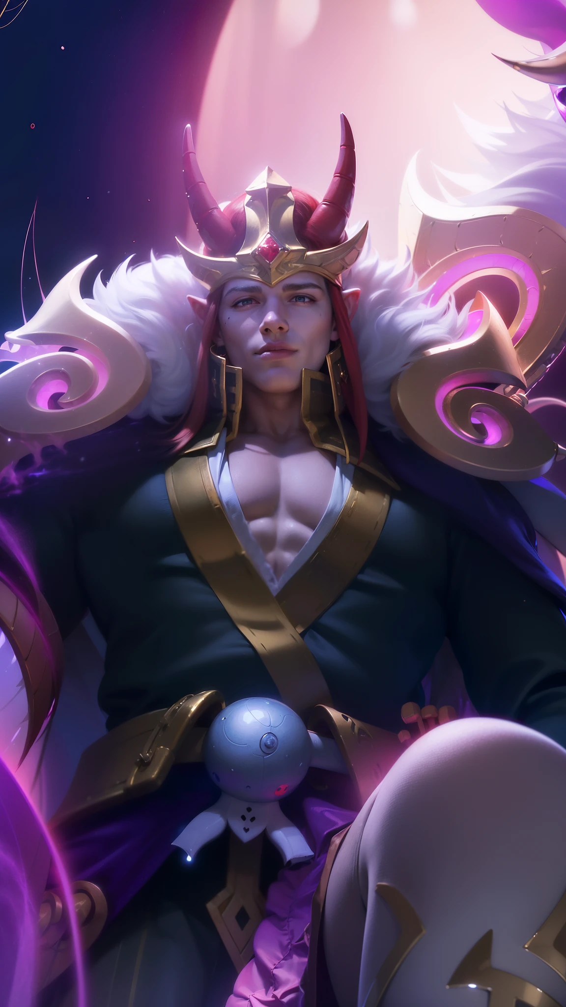 masculine male, masterpiece, ((perfect eyeest quality, (semirealism:1.9), beautiful lighting, (extremely detailed CG unity 4k fhd wallpaper), High Detail, Sharp focus, dramatic outdoors, 1 boy ,19 years old, red hair, blue eyes, Boy with two big horns, big earrings on ears, elf ear, red eyes, Thick eyebrows, evil smile, grinning,red body, red face, Burning skin, yellow diamonds glistening on chest, burning red skin,golden robe behind, big white belt , 8k , realistic, scary.