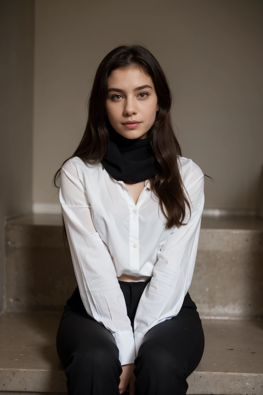 The image depicts two young woman sitting on a set of stairs, wearing a black scarf, a white shirt, and black pants. She is posing for the camera with a confident expression on her face.