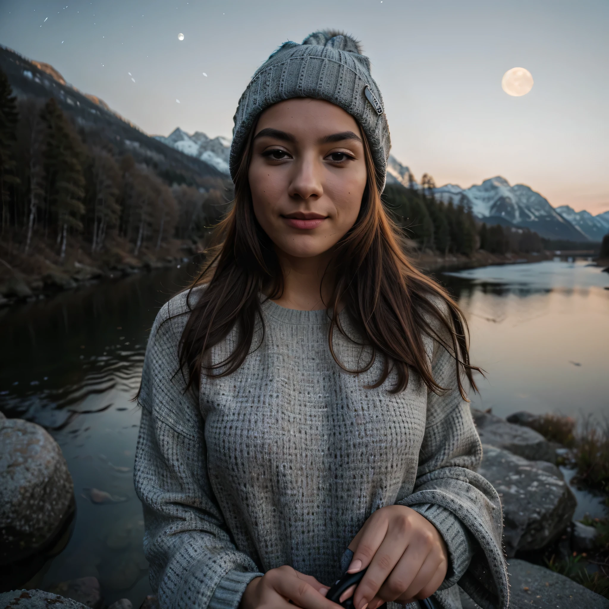 photorealistic, best quality, hyper detailed, beautiful woman, selfie photo, upper body, solo, wearing pullover, outdoors, (night), mountains, real life nature, stars, moon, (cheerful, happy), sleeping bag, gloves, sweater, beanie, flashlight, forest, rocks, river, wood, smoke, fog, clear sky, analog style, looking at viewer, skin texture, film grain, close up, ultra high res, best shadow, RAW, instagram LUT