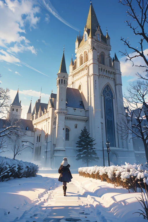 (best quality,4k,8k,highres,masterpiece:1.2),ultra-detailed,realistic,beautiful detailed eyes,beautiful detailed lips,extremely detailed eyes and face,longeyelashes,portrait,landscape,anime,scenery illustration,scenery oil painting,scenery 3D rendering,scenery photography,scenery concept artists,white snow castle,girl walking along the path in front,beautiful anime scene,scenery artwork,anime background,anime background art,klimt anime background,anime scenery concept art,anime scenery,castle scene manga,anime scenery,anime scene,beautiful anime scenery,anime movie background,anime countryside scenery,castle background,attack on titan scenery,anime scenery wallpaper