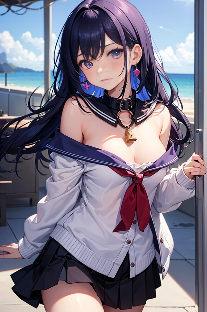 best quality, ultra precision, 1girl, cute, , young, boyish, childish, Medium breasts, black hair, messy hair, blue short hair, purple eyes, beautiful eyes, girl, ecstasy, sailor collar, estrus, metestrus, start to undress, naughty mood, she loves you, lost virgin, virgin, blush, sexy, beautiful skin, big bow on chest, BLUE SWEATER, BLUE SHIRT, SHIRT UNDER SWEATER, OFF SHOULDER TOP) TSUNDERE 14 YEARS olck skirt, purple earring
