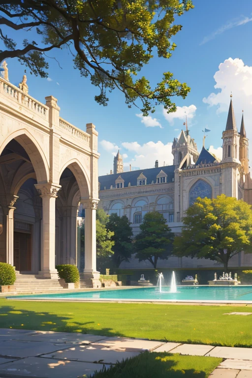 (best quality,4k,8k,highres,masterpiece:1.2),ultra-detailed,(realistic,photorealistic,photo-realistic:1.37),green grassy lawn in the center (of the image),(beautiful,realistic,detailed) fountain,(majestic,elegant) palace background,epic spacious courtyard,royal garden background,background art,random background scenery,huge swimming pool in a grand palace,background artwork,cathedral background,castle background,volleyball court background,inside a castle courtyard,realistic establishing shot,courtyard,establishing shot,fountain and archway