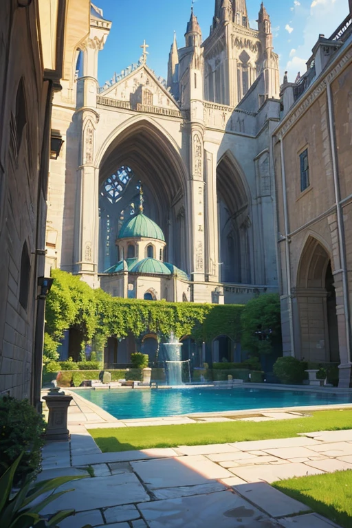 (best quality,4k,8k,highres,masterpiece:1.2),ultra-detailed,(realistic,photorealistic,photo-realistic:1.37),green grassy lawn in the center (of the image),(beautiful,realistic,detailed) fountain,(majestic,elegant) palace background,epic spacious courtyard,royal garden background,background art,random background scenery,huge swimming pool in a grand palace,background artwork,cathedral background,castle background,volleyball court background,inside a castle courtyard,realistic establishing shot,courtyard,establishing shot,fountain and archway