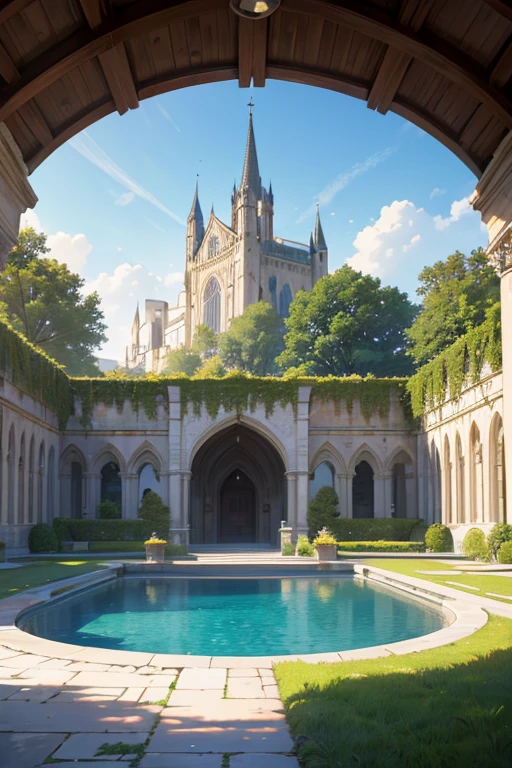 (best quality,4k,8k,highres,masterpiece:1.2),ultra-detailed,(realistic,photorealistic,photo-realistic:1.37),green grassy lawn in the center (of the image),(beautiful,realistic,detailed) fountain,(majestic,elegant) palace background,epic spacious courtyard,royal garden background,background art,random background scenery,huge swimming pool in a grand palace,background artwork,cathedral background,castle background,volleyball court background,inside a castle courtyard,realistic establishing shot,courtyard,establishing shot,fountain and archway