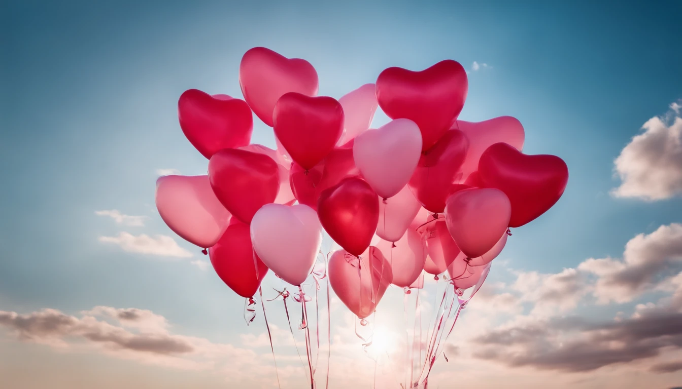 An aesthetic photo of an arrangement of heart-shaped balloons in various shades of pink and red against a bright, blue sky, creating a whimsical backdrop