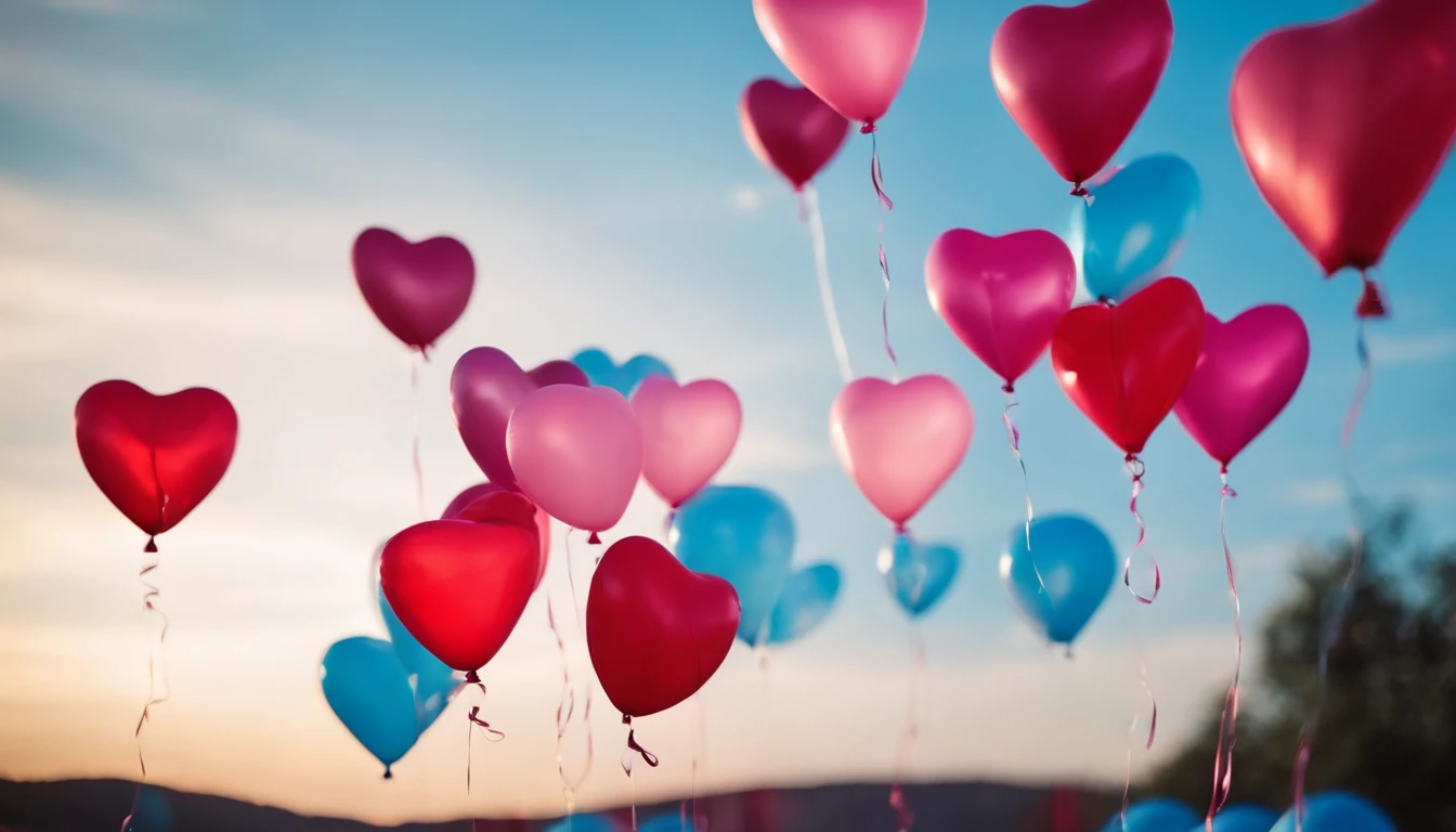 An aesthetic photo of an arrangement of heart-shaped balloons in various shades of pink and red against a bright, blue sky, creating a whimsical backdrop
