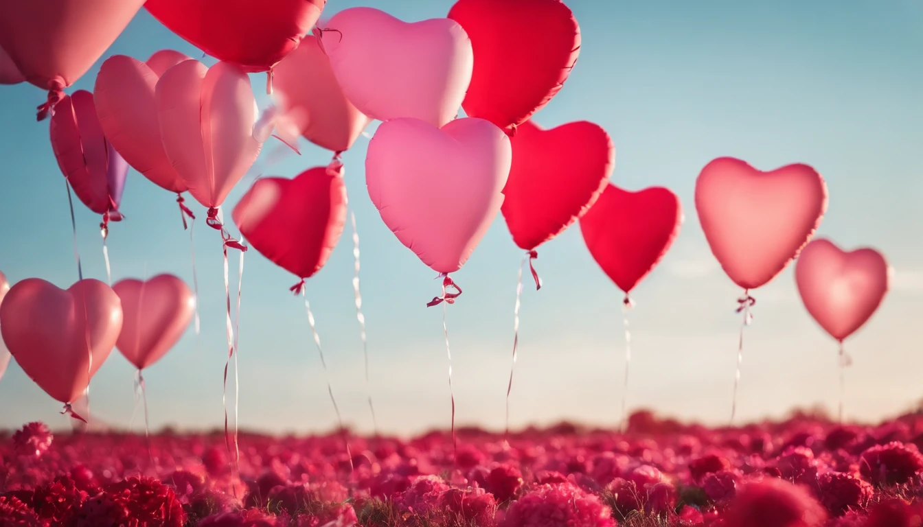 An aesthetic photo of an arrangement of heart-shaped balloons in various shades of pink and red against a bright, blue sky, creating a whimsical backdrop