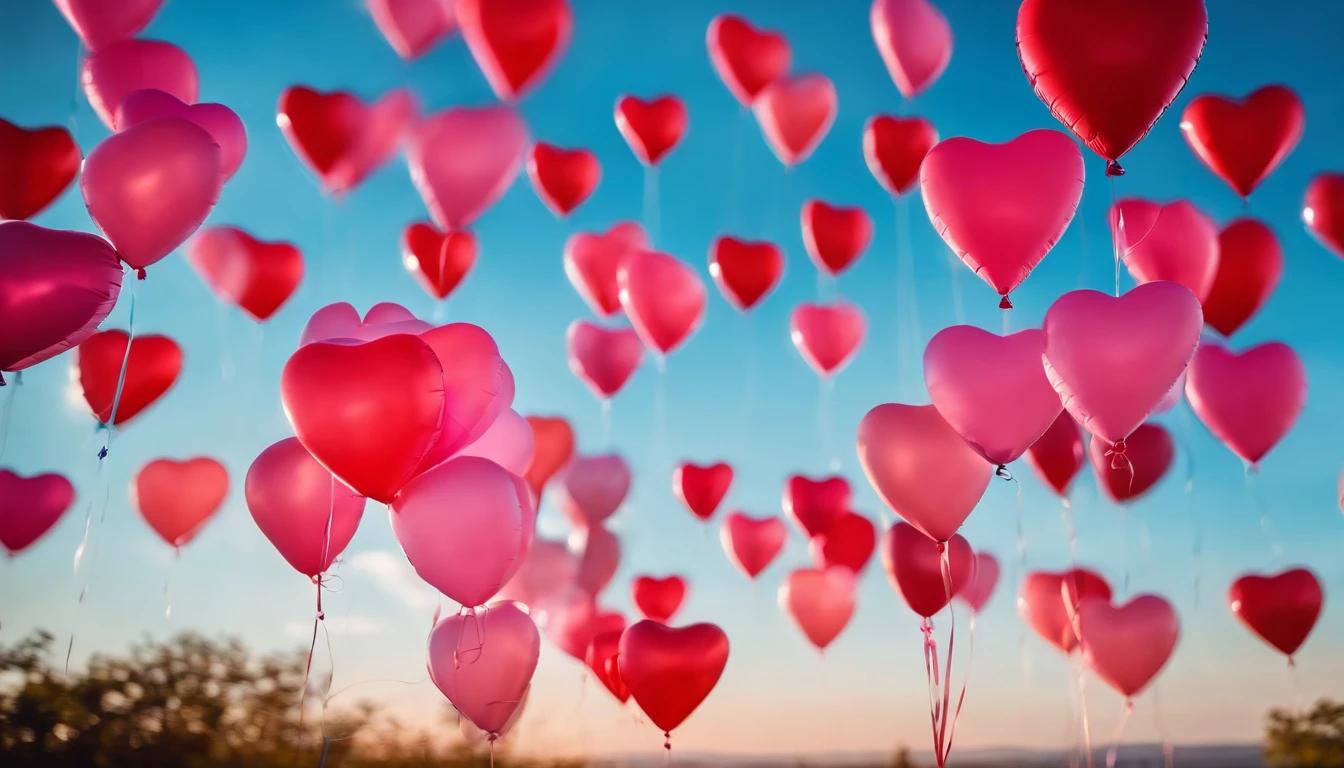 An aesthetic photo of an arrangement of heart-shaped balloons in various shades of pink and red against a bright, blue sky, creating a whimsical backdrop