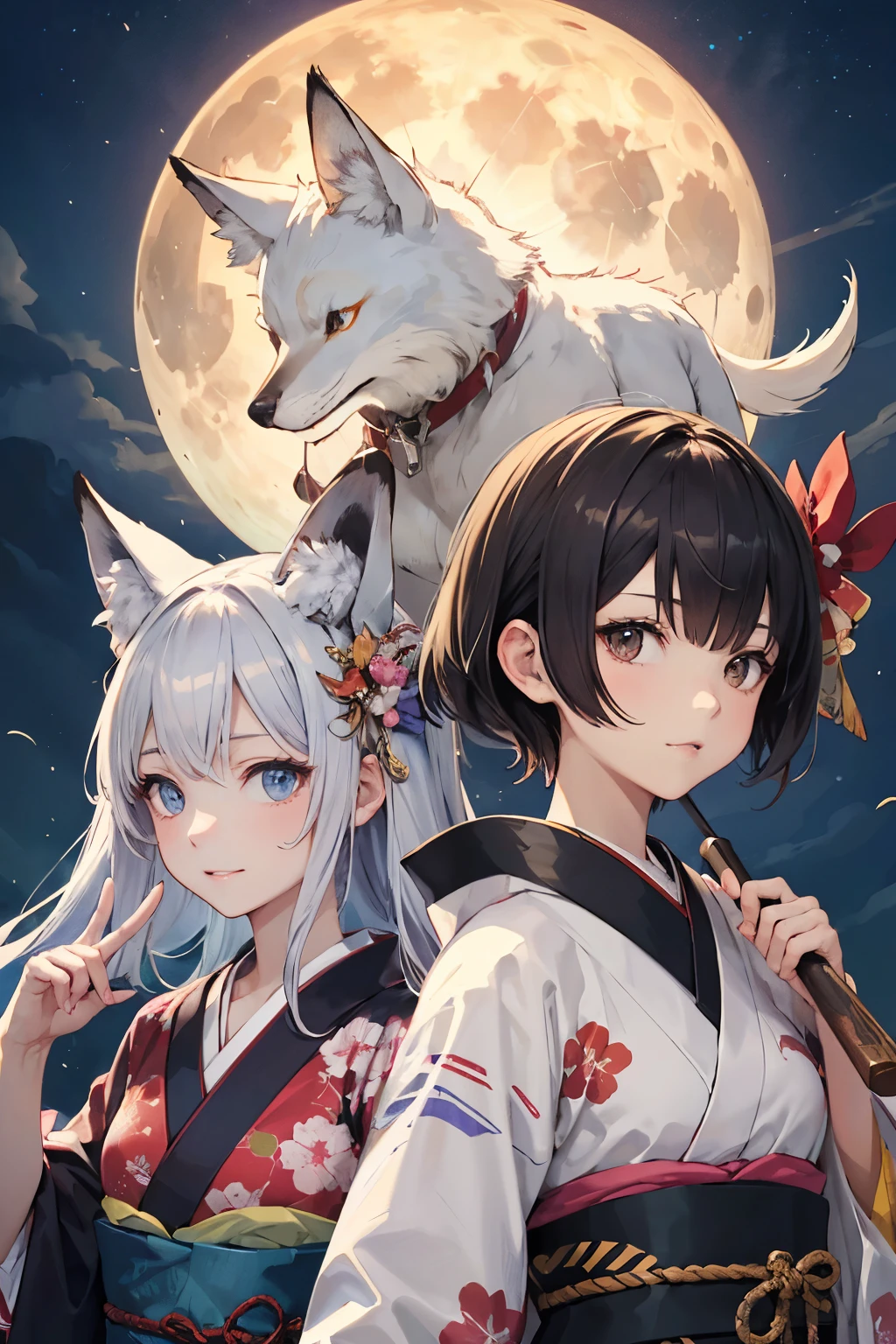 ((Best Quality)), ((masutepiece)), (Detailed), Perfect face、perfect bodies、perfect hand、Beastman、fox、19age、girl with、kimono、Modern style、fullmoon、loiter、Ephemeral face、Beautiful face、low angles