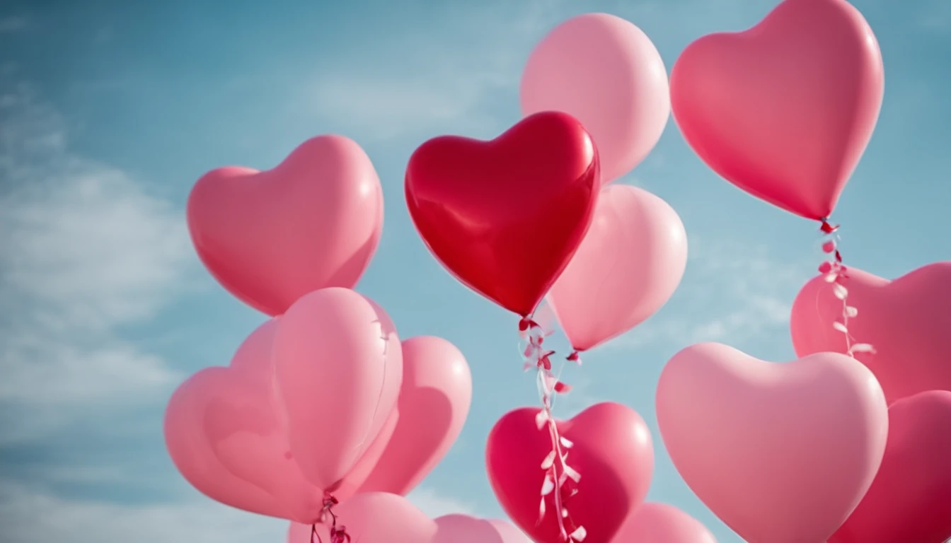 An aesthetic photo of an arrangement of heart-shaped balloons in various shades of pink and red against a bright, blue sky, creating a whimsical backdrop