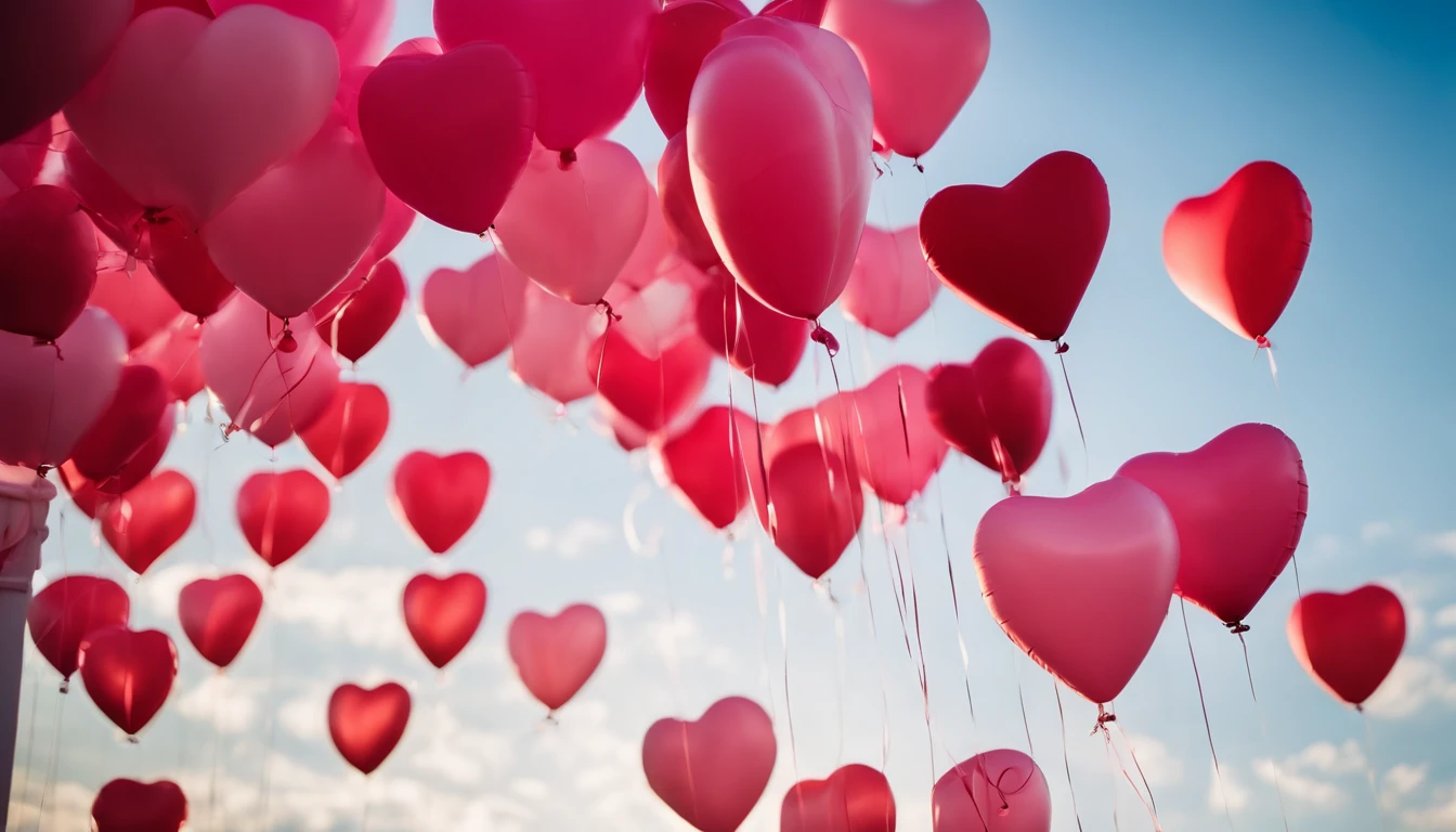 An aesthetic photo of an arrangement of heart-shaped balloons in various shades of pink and red against a bright, blue sky, creating a whimsical backdrop