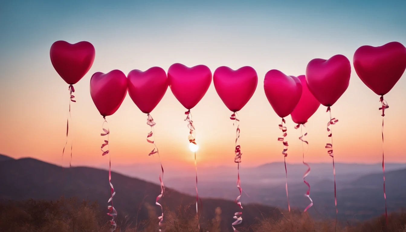 An aesthetic photo of an arrangement of heart-shaped balloons in various shades of pink and red against a bright, blue sky, creating a whimsical backdrop