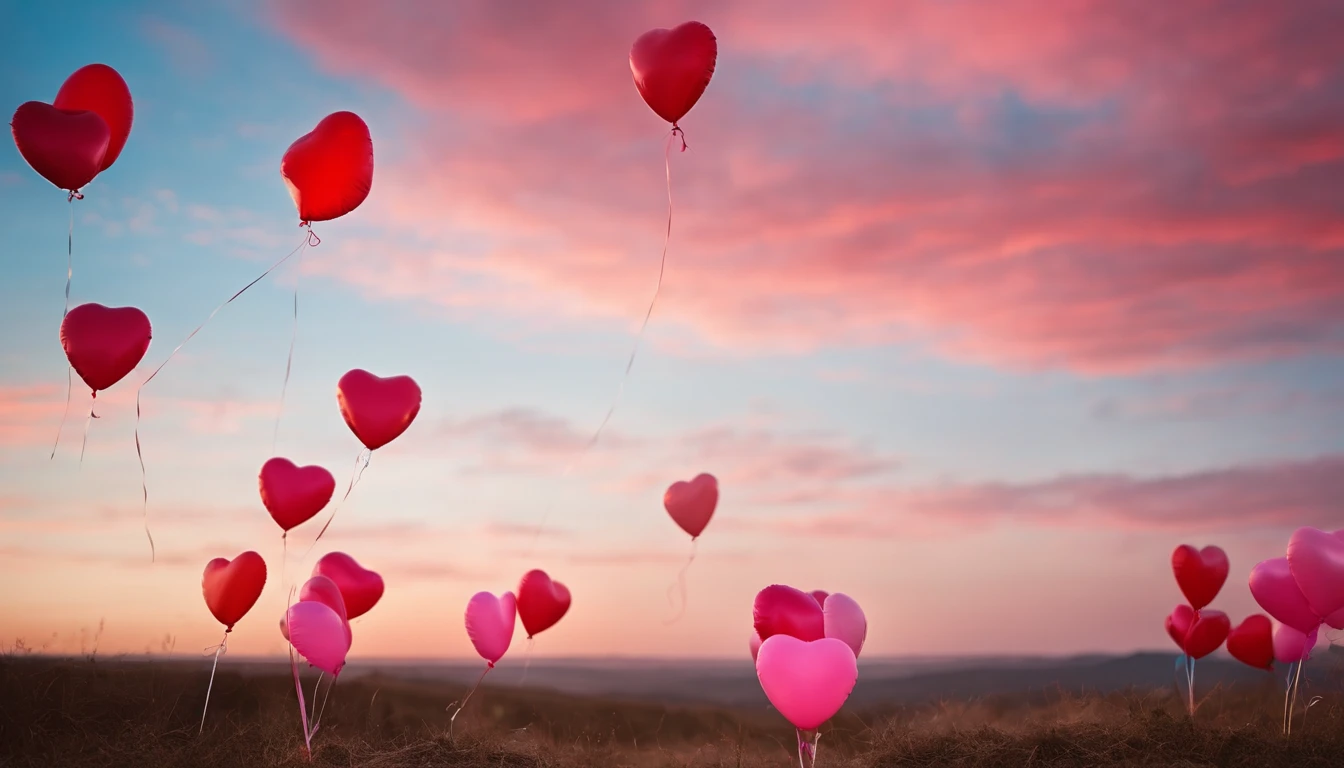 An aesthetic photo of an arrangement of heart-shaped balloons in various shades of pink and red against a bright, blue sky, creating a whimsical backdrop