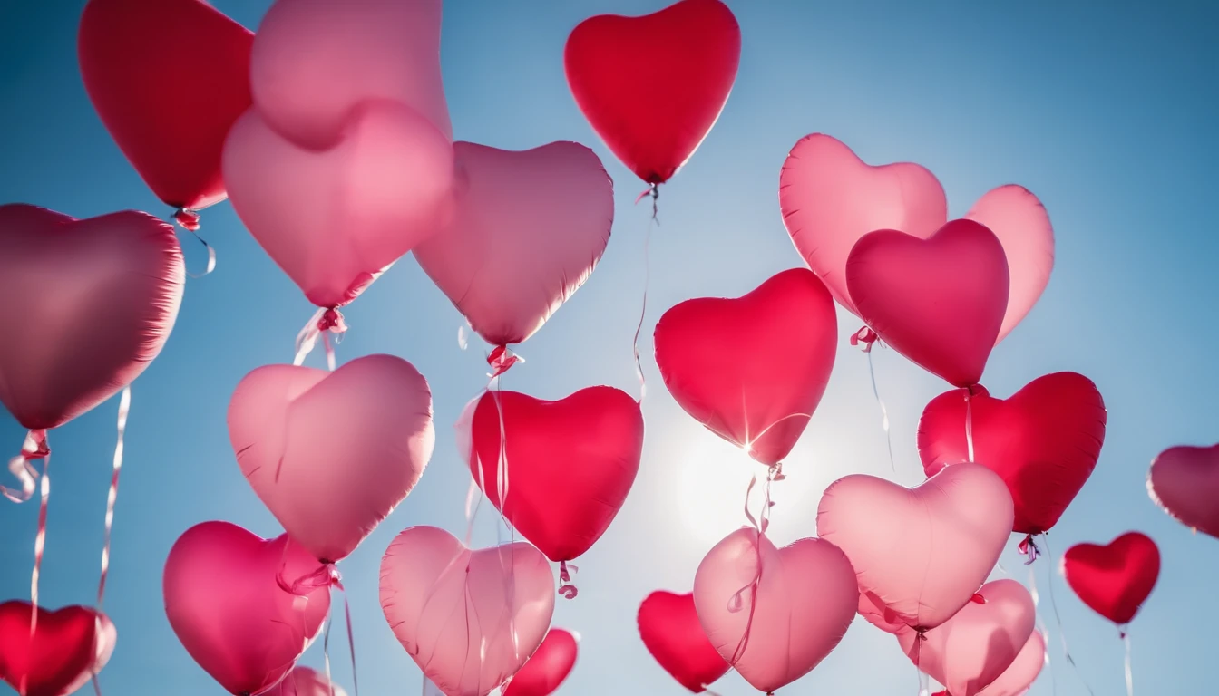 An aesthetic photo of an arrangement of heart-shaped balloons in various shades of pink and red against a bright, blue sky, creating a whimsical backdrop