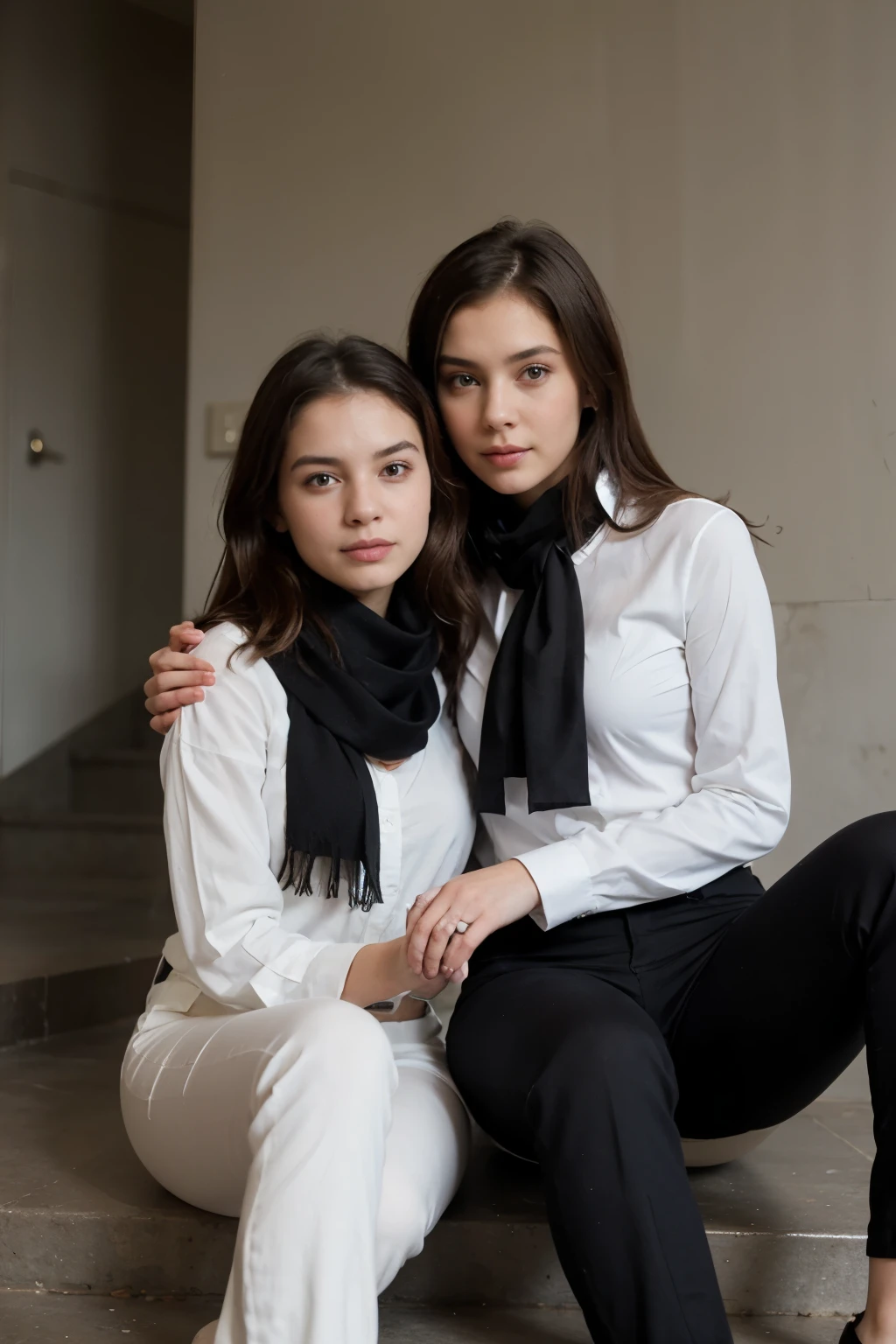 The image depicts a two young woman sitting on a set of stairs, wearing a black scarf, a white shirt, and black pants. She is posing for the camera with a confident expression on her face.