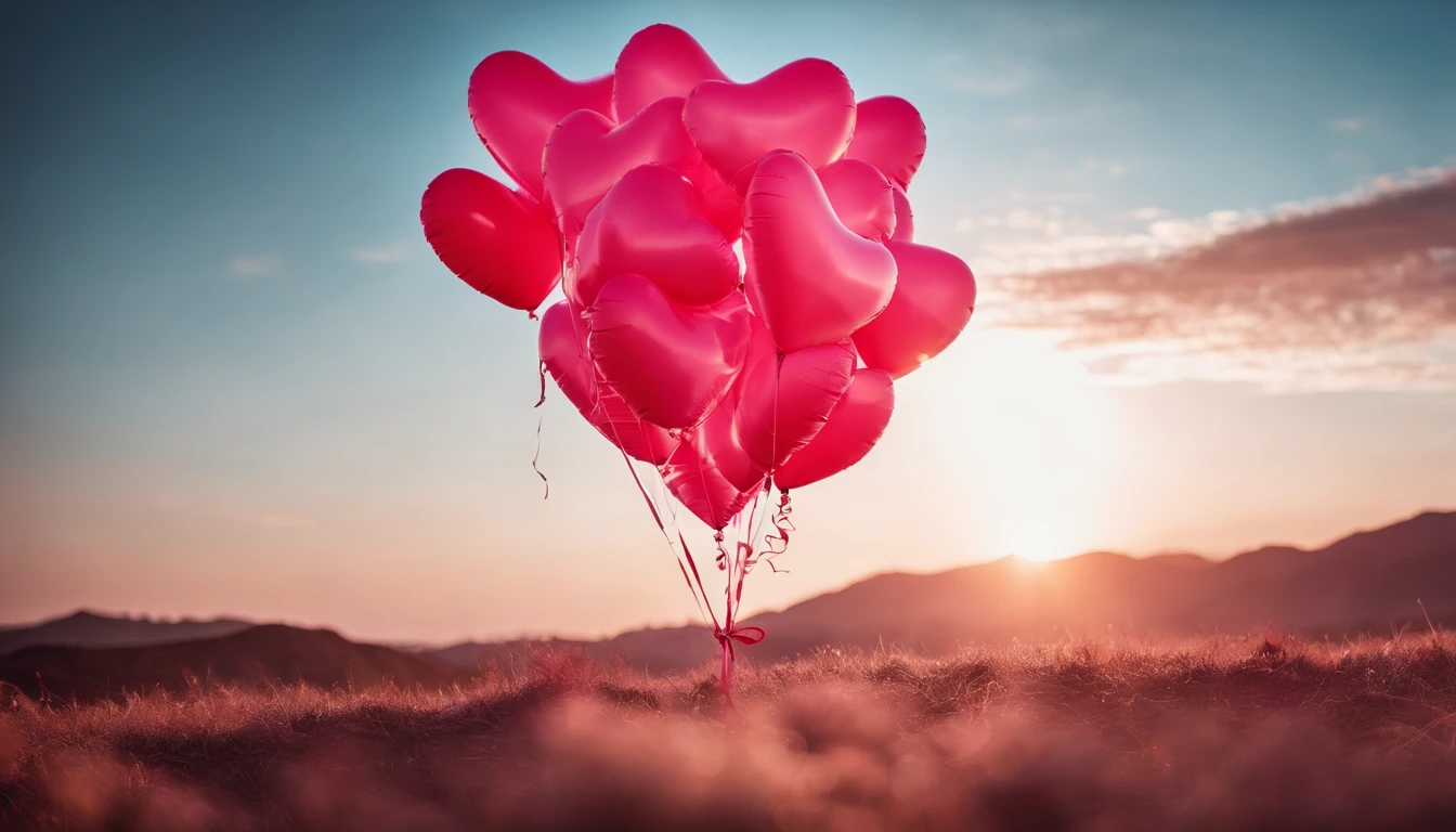 An aesthetic photo of an arrangement of heart-shaped balloons in various shades of pink and red against a bright, blue sky, creating a whimsical backdrop