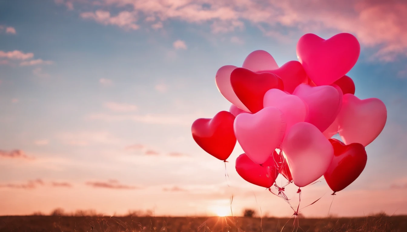 An aesthetic photo of an arrangement of heart-shaped balloons in various shades of pink and red against a bright, blue sky, creating a whimsical backdrop