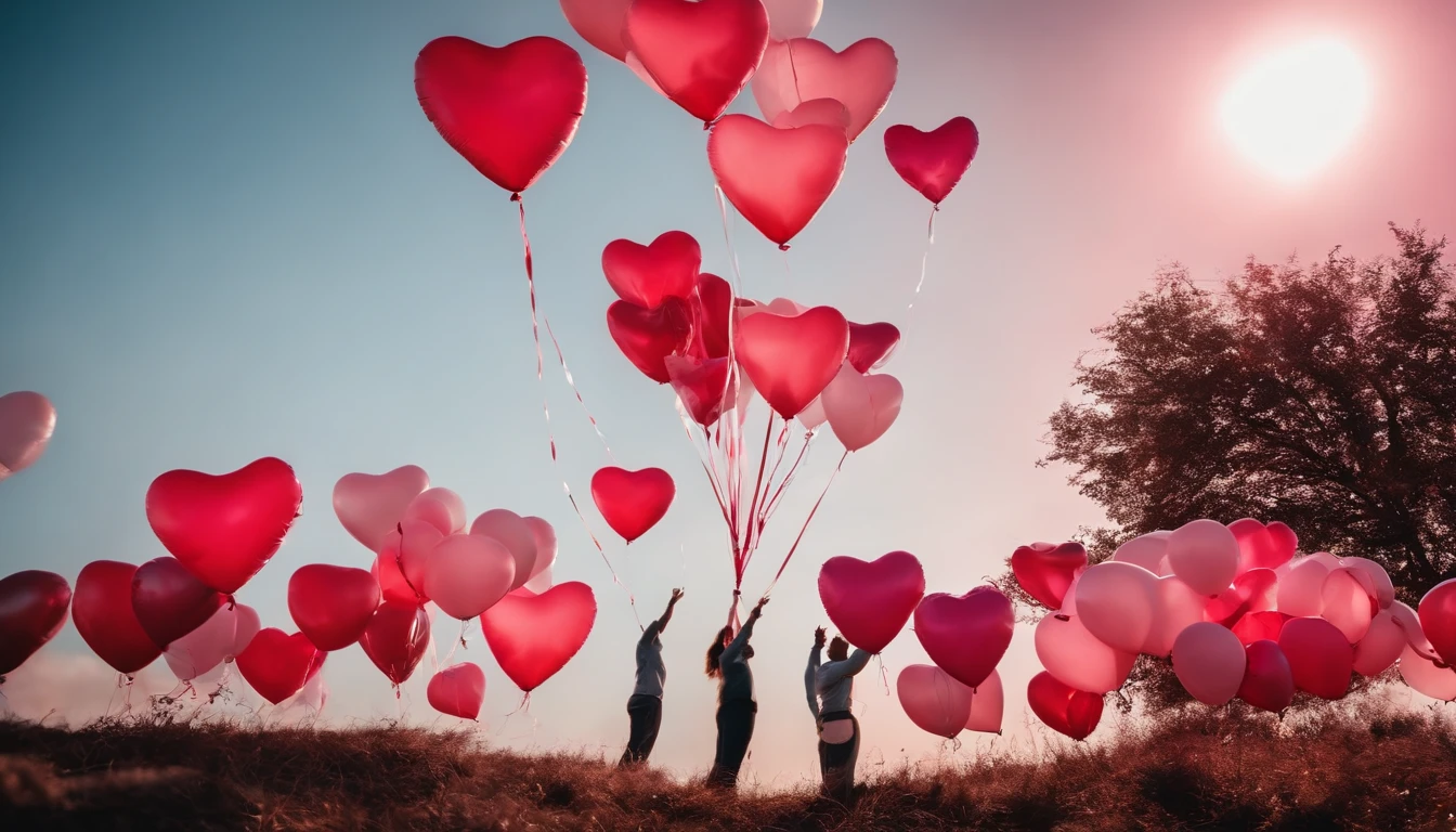 An aesthetic photo of an arrangement of heart-shaped balloons in various shades of pink and red against a bright, blue sky, creating a whimsical backdrop