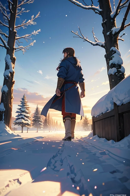Animated scene of a man standing in the snow looking at a tree, boromir in an anime world, vinland saga, screenshot from the anime film, Boromir in the 1980s\'s anime world, anime film still, Today’s recommended anime is still, beautiful anime scenes, beautful view, The most beautiful scene, anime movie screenshot