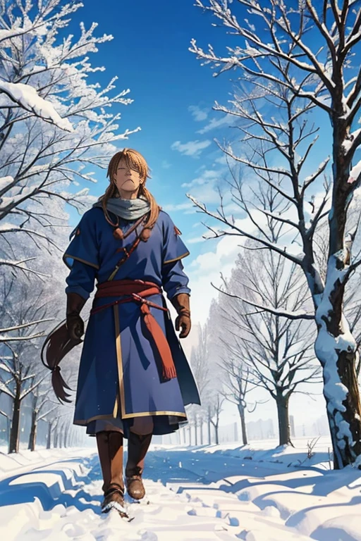 Animated scene of a man standing in the snow looking at a tree, boromir in an anime world, vinland saga, screenshot from the anime film, Boromir in the 1980s\'s anime world, anime film still, Today’s recommended anime is still, beautiful anime scenes, beautful view, The most beautiful scene, anime movie screenshot