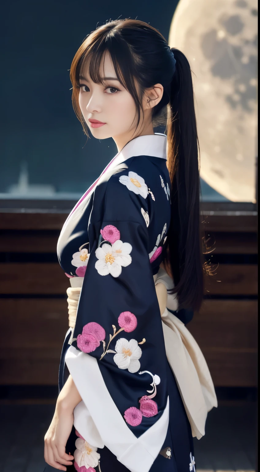 Detailed background((a moon:1.5),Desolate city)、BREAK,elaborate costume{Luxury kimono(pale and coloured kimono(detailed embroidery,))}、(Japanese Idol(actress):1.2)(face perfect:1.2),Expressing a beautiful and elegant woman。glossy dark hair,poneyTail,Heart in the eye。 Wallpapers 16K, .Blur the background with a sickle,((masutepiece)), ((Best Quality)),{{a portrait photo of}},full body Esbian、Faraway view,Like a corporate logo, Breast size is F cup