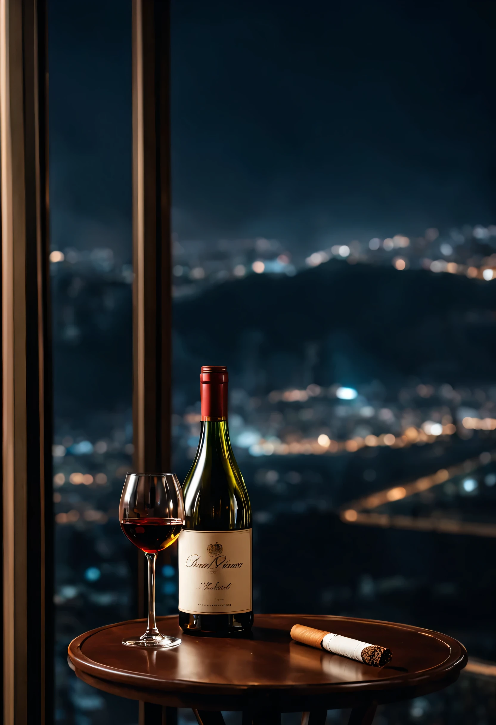 Half bottle of foreign wine, glass filled with wine, half a cigarette, city night scene