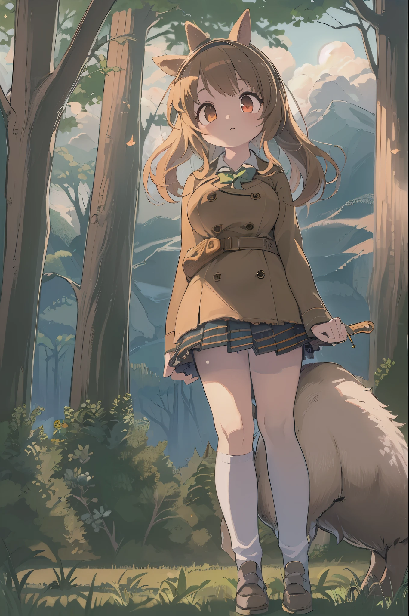 Sally Acorn, 1girl in, Solo, tree, skyporn, Outdoors, Skirt, cloud, brown, hair, Sunset, lens, f lare, Scenery, School, uniform, Sun, Wind, long, sleeves, animal snout、huge-breasted