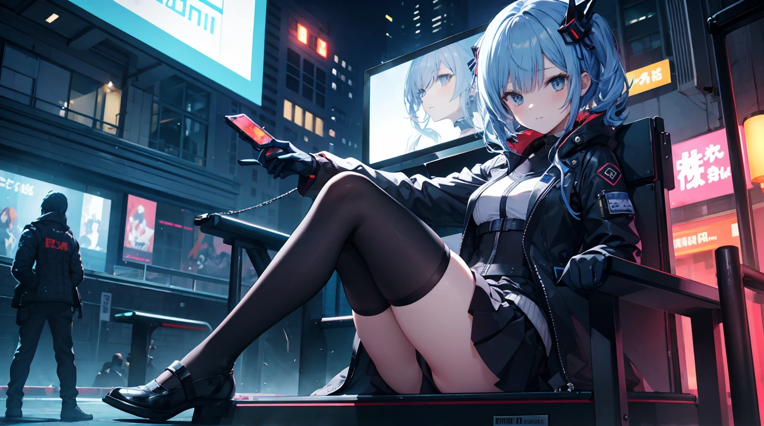 one-girl,self-expression,Girl with medium straight blue hair,Loose hair,hair straight,blue color eyes,cyber punk personage,natta,beside a window , City background at night,Digital punk, Anime style 4k, Short-sleeved game suit,sit in a gaming chair,in a bedroom,Computer,black pantyhoses,Hoshimachi Water Spirit, Suisei Hoshi Town、The role is centered