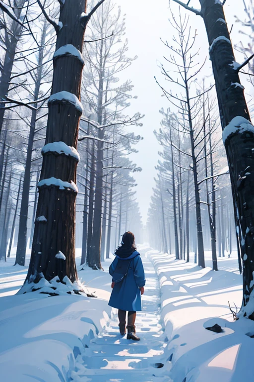 A person standing in a snowy landscape, looking at a tree. , animated scene, Poromir in the world of animation, The Legend of Wen Lan, screenshot from an animated film, Boromir in the 80s, Anime world, Movie still from an anime film, Today's recommended anime, Beautiful anime scene, Beautiful scenery, Most beautiful scene, Snapshot from an anime film