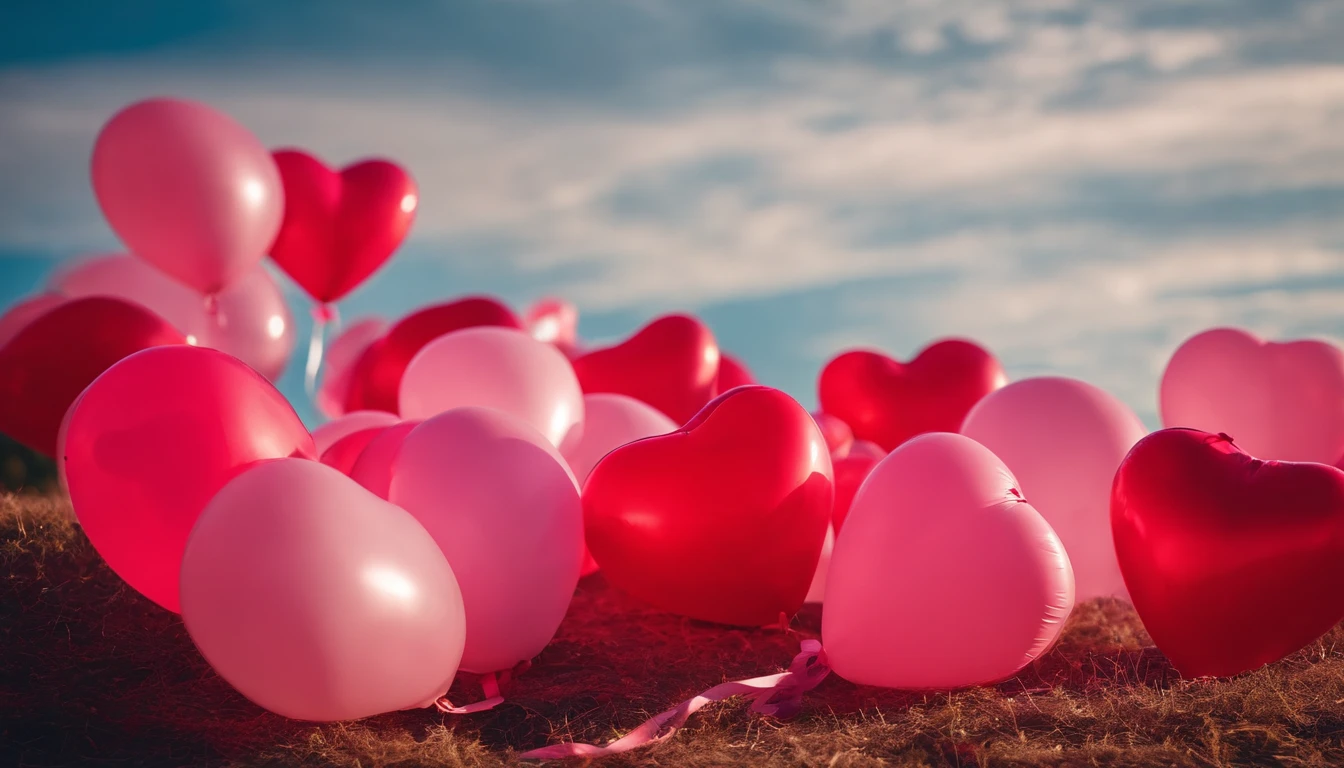 An aesthetic photo of an arrangement of heart-shaped balloons in various shades of pink and red against a bright, blue sky, creating a whimsical backdrop