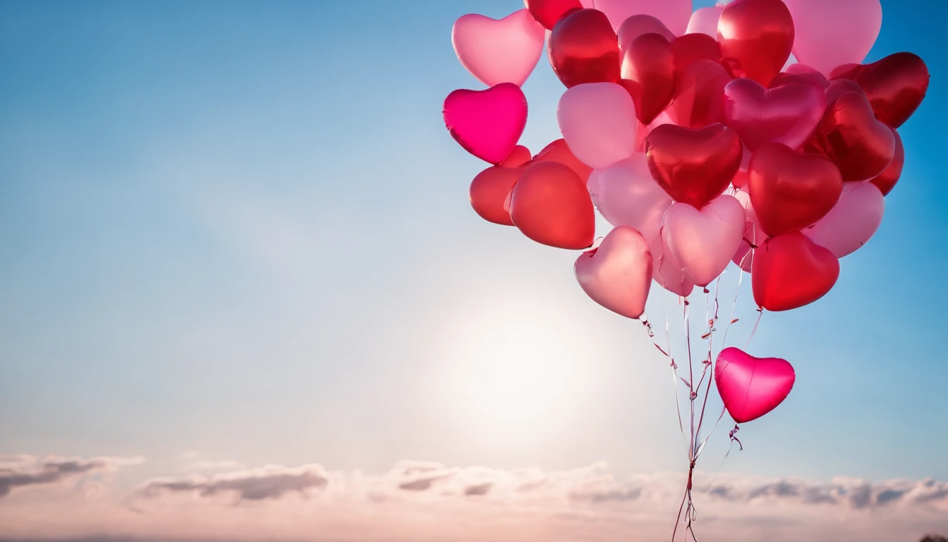 An aesthetic photo of an arrangement of heart-shaped balloons in various shades of pink and red against a bright, blue sky, creating a whimsical backdrop