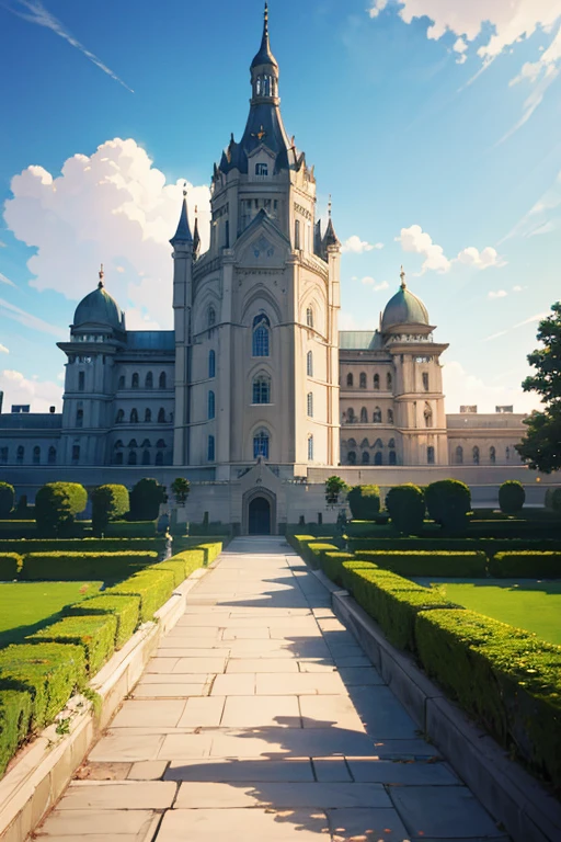 There is a building,There is a long walkway ahead, palace background, Madhouse Studio anime style, animated still, Anime landscape concept art, animation still frame, style of madhouse anime, royal garden background, Wallpapers!, Anime background art, Japan High School, attack on titan scenery, Official artwork, a palace floating in the air, Opening scene