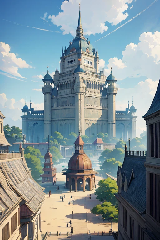 There is a building，There is a long walkway ahead, palace background, Madhouse Studio anime style, animated still, Anime landscape concept art, animation still frame, style of madhouse anime, royal garden background, Wallpapers!, Anime background art, Japan High School, attack on titan scenery, Official artwork, a palace floating in the air, Opening scene