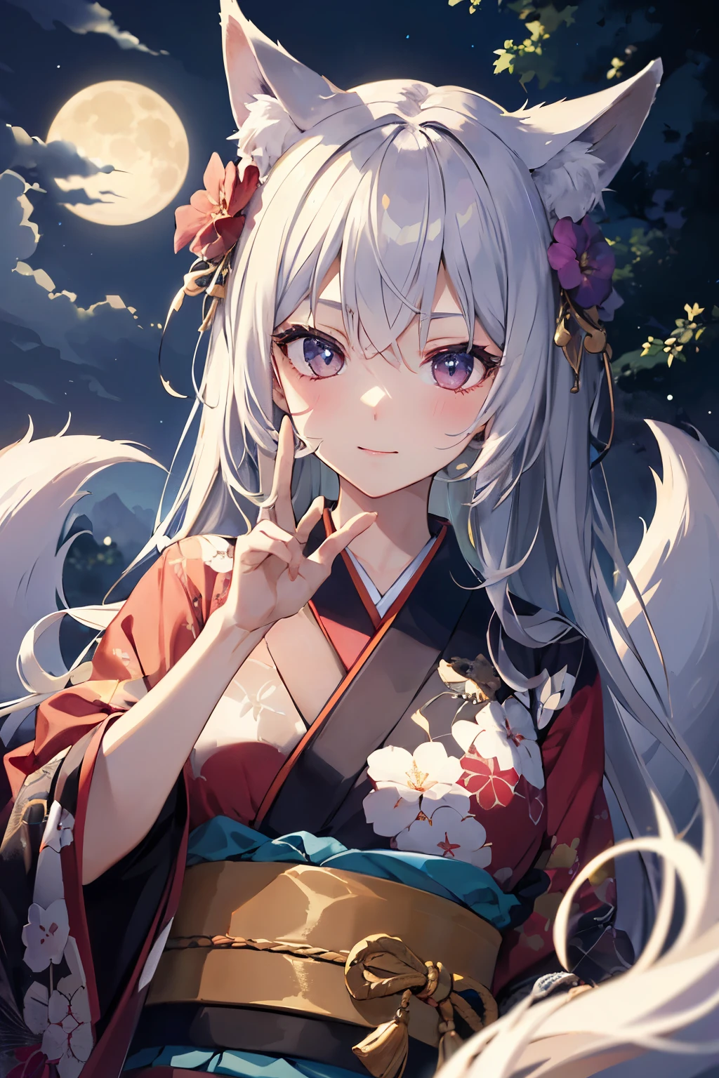 ((Best Quality)), ((masutepiece)), (Detailed), Perfect face、perfect bodies、perfect hand、Beastman、fox、19age、girl with、kimono、Modern style、fullmoon、loiter、Ephemeral face、Beautiful face、low angles