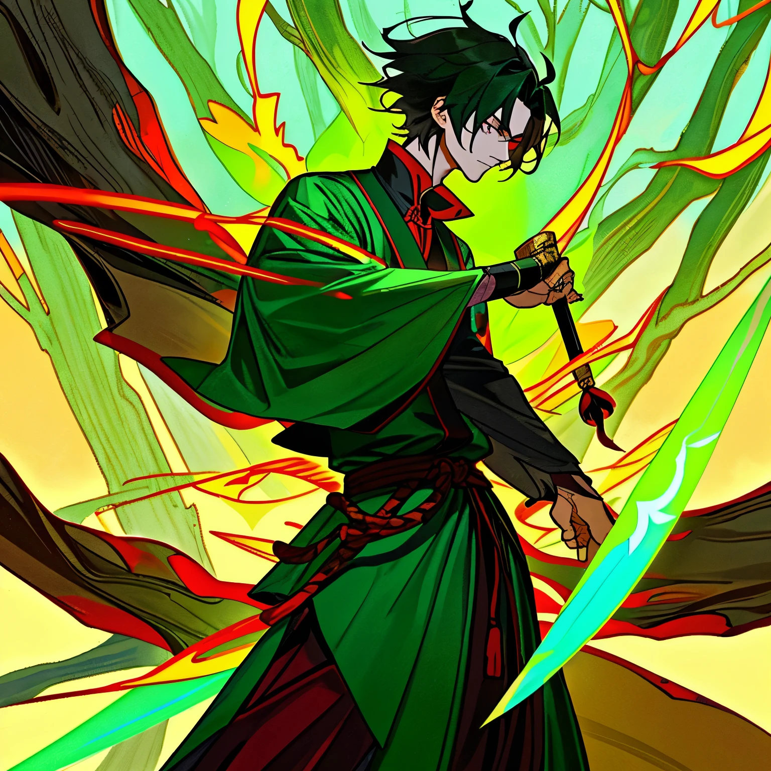 The Taoist priest with short dark green hair and a mahogany sword is dressed in clothes and surrounded by trees. He is tall, handsome, calm and unsmiling.