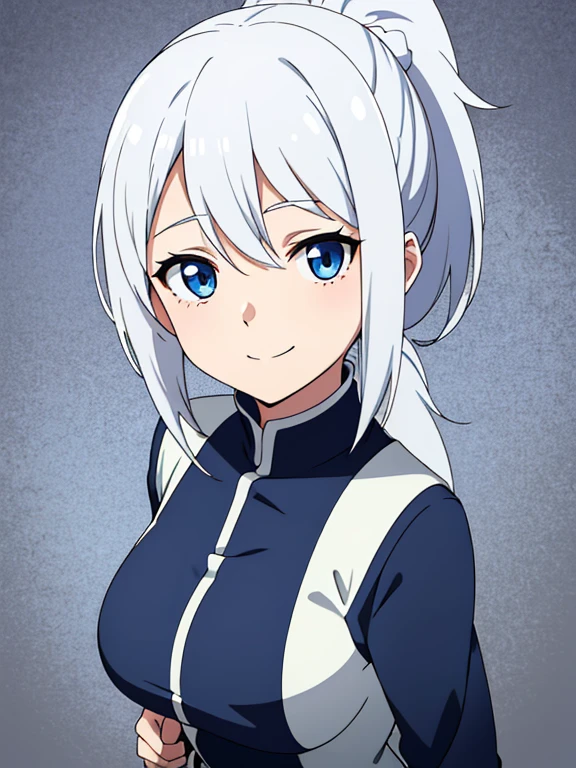 a cute girl, school uniform, large breast, white hair, blue eyes, ponytail, upper body, body focus, turn your eyes here, smile, brush, ashamed, Place the character in the center, don't have anything