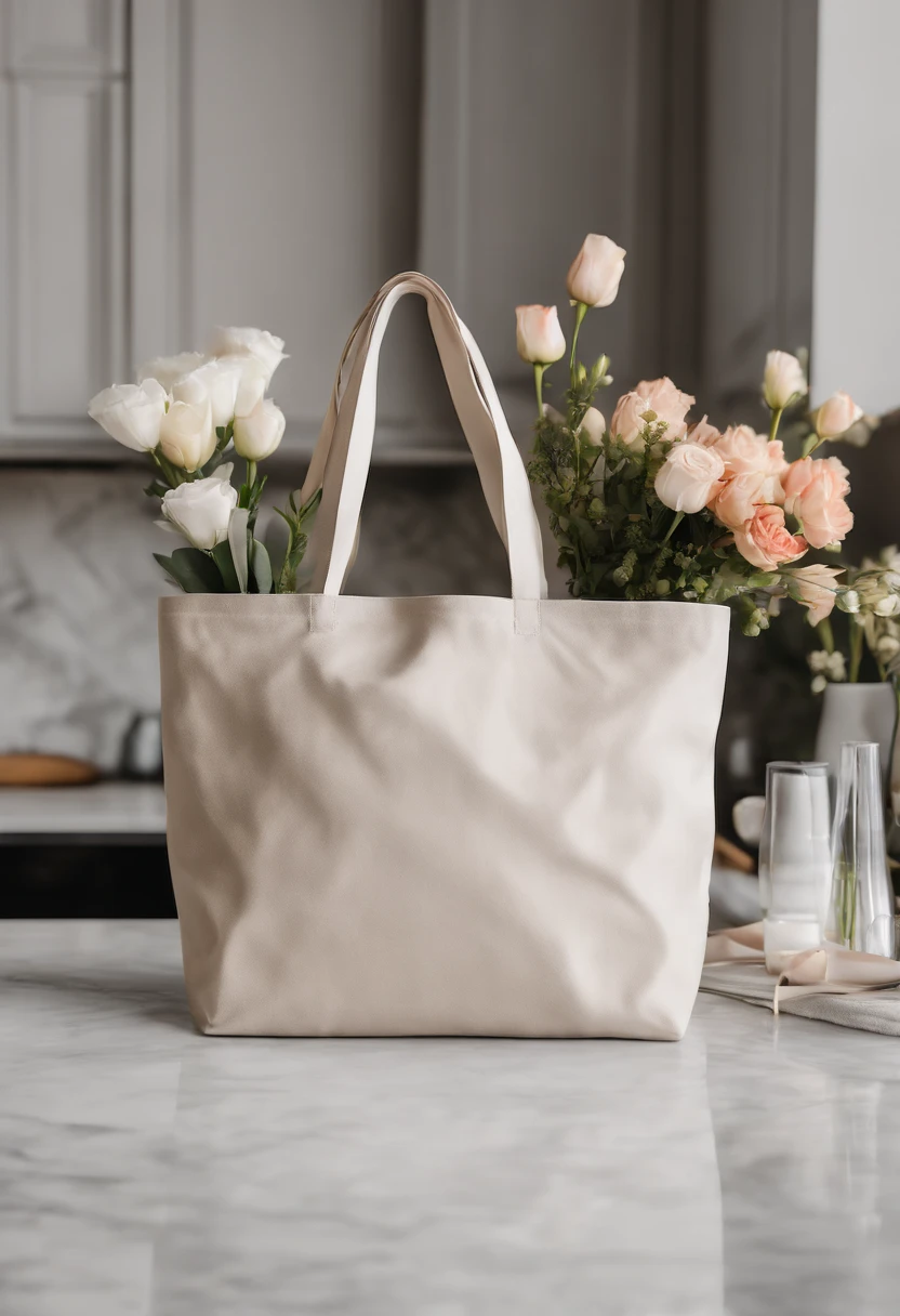 An aesthetic photo of a blank tote bag mockup placed on a marble countertop with fresh flowers and stylish accessories, showcasing its versatility as a fashion statement