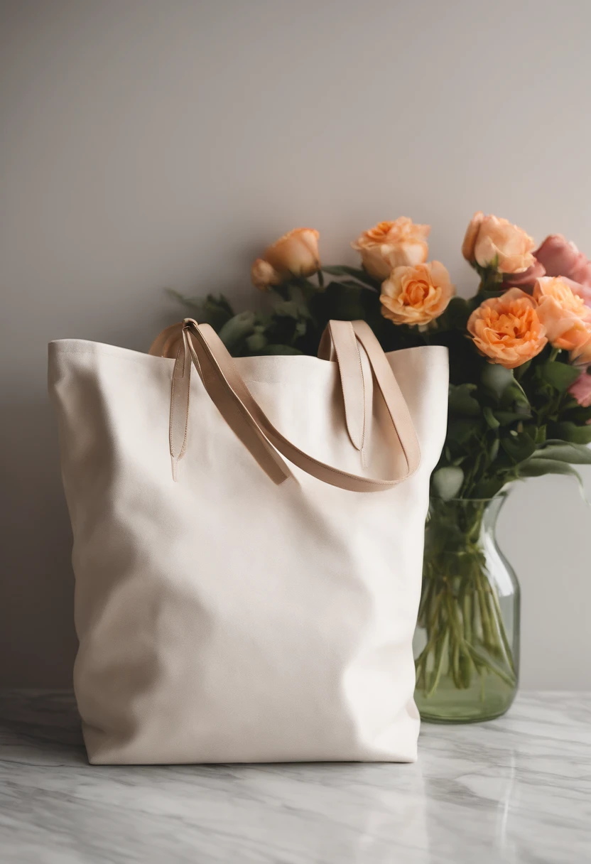 An aesthetic photo of a blank tote bag mockup placed on a marble countertop with fresh flowers and stylish accessories, showcasing its versatility as a fashion statement