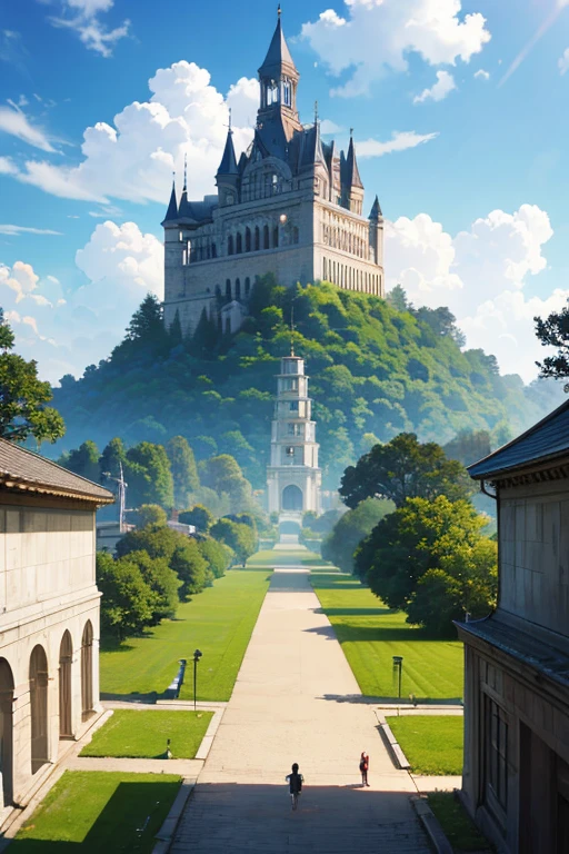 (best quality,4k,8k,highres,masterpiece:1.2),ultra-detailed,(realistic,photorealistic,photo-realistic:1.37),architectural wonder,gigantic building,long pathway leading to the entrance,palace backdrop,Madhouse Studio anime style,anime screencap,anime landscape concept art,anime still frame,insane asylum anime style,royal garden background,wallpaper!,anime background art,Japanese high school,Attack on Titan scenery,official artwork,an ethereal palace floating in the sky,opening scene