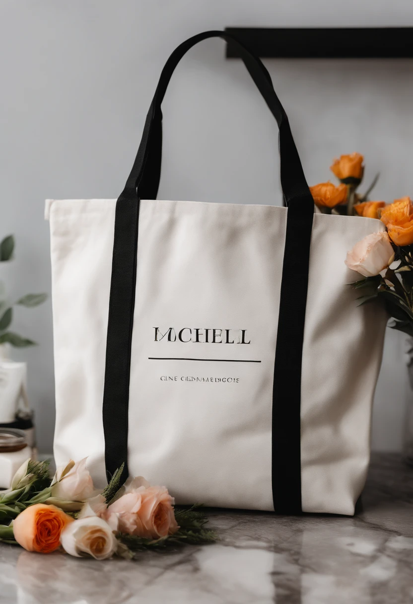 An aesthetic photo of a blank tote bag mockup placed on a marble countertop with fresh flowers and stylish accessories, showcasing its versatility as a fashion statement