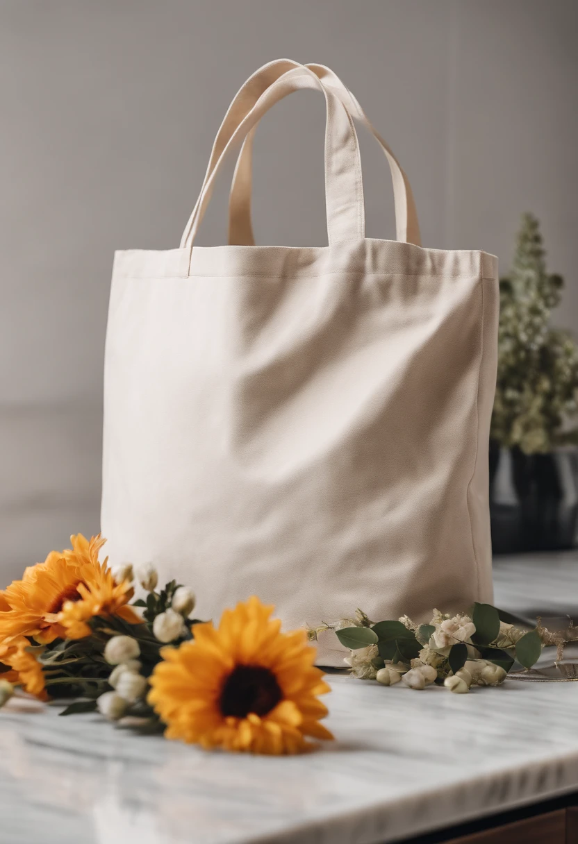 An aesthetic photo of a blank tote bag mockup placed on a marble countertop with fresh flowers and stylish accessories, showcasing its versatility as a fashion statement