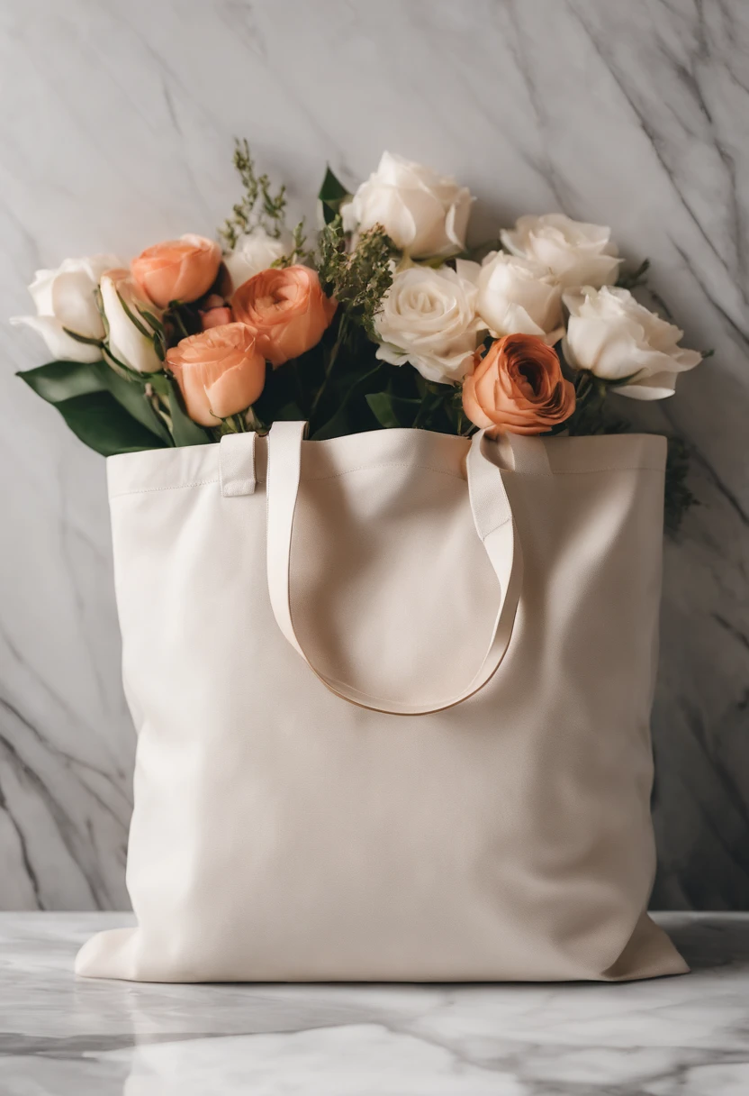 An aesthetic photo of a blank tote bag mockup placed on a marble countertop with fresh flowers and stylish accessories, showcasing its versatility as a fashion statement