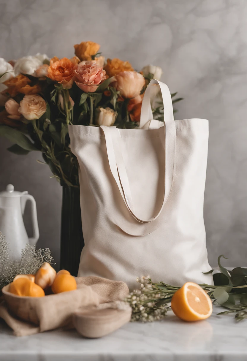 An aesthetic photo of a blank tote bag mockup placed on a marble countertop with fresh flowers and stylish accessories, showcasing its versatility as a fashion statement