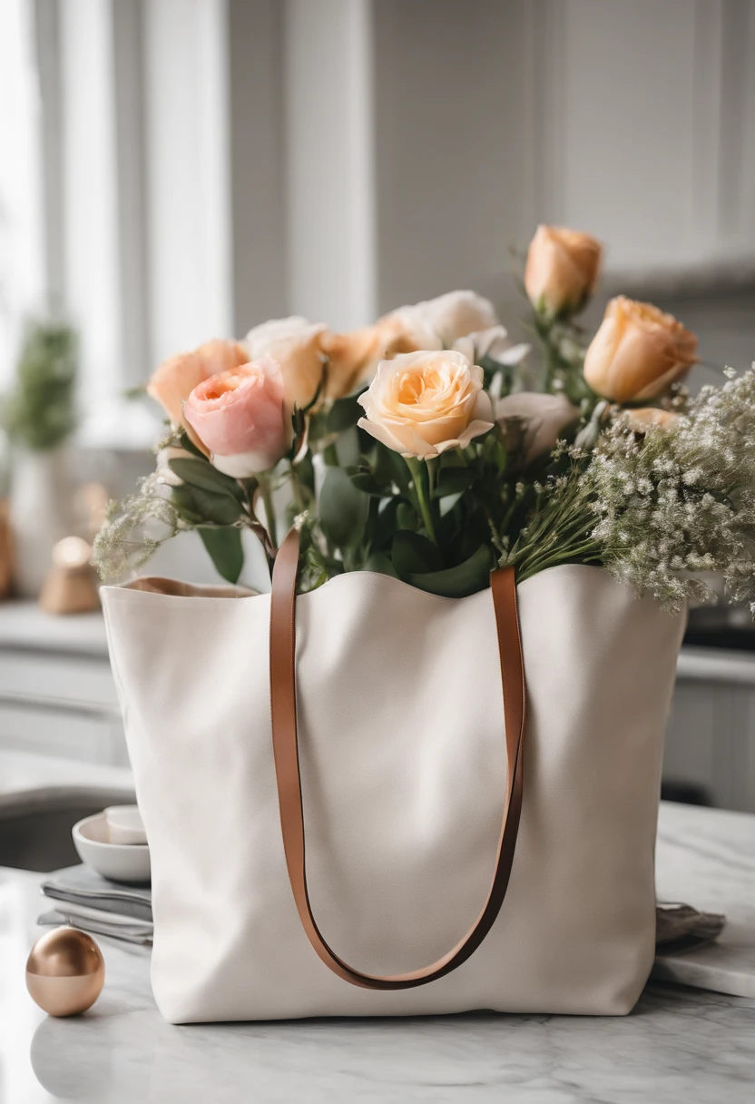 An aesthetic photo of a blank tote bag mockup placed on a marble countertop with fresh flowers and stylish accessories, showcasing its versatility as a fashion statement