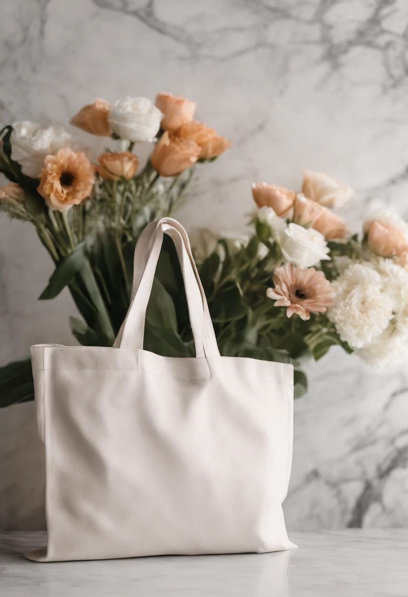 An aesthetic photo of a blank tote bag mockup placed on a marble countertop with fresh flowers and stylish accessories, showcasing its versatility as a fashion statement