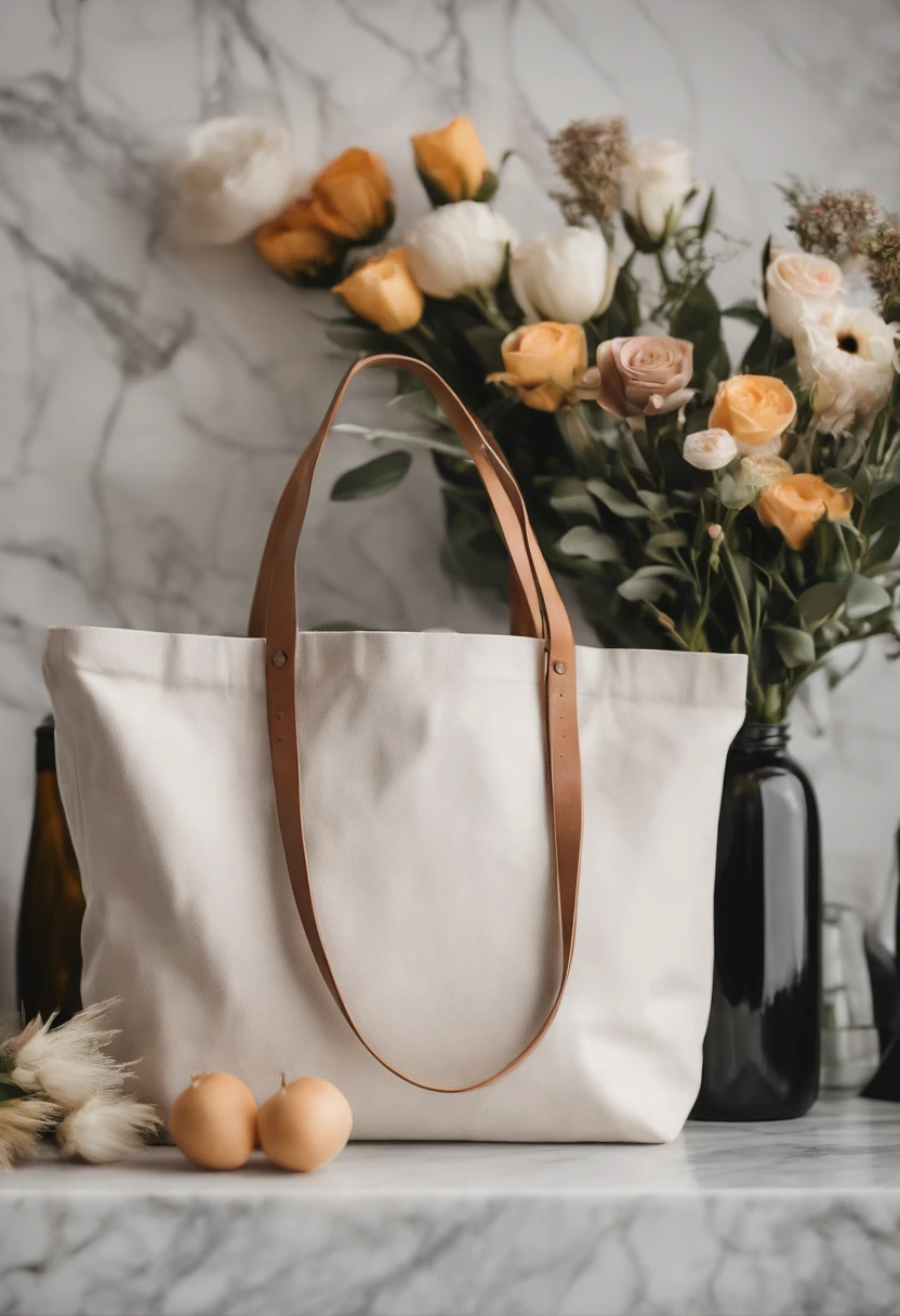 An aesthetic photo of a blank tote bag mockup placed on a marble countertop with fresh flowers and stylish accessories, showcasing its versatility as a fashion statement