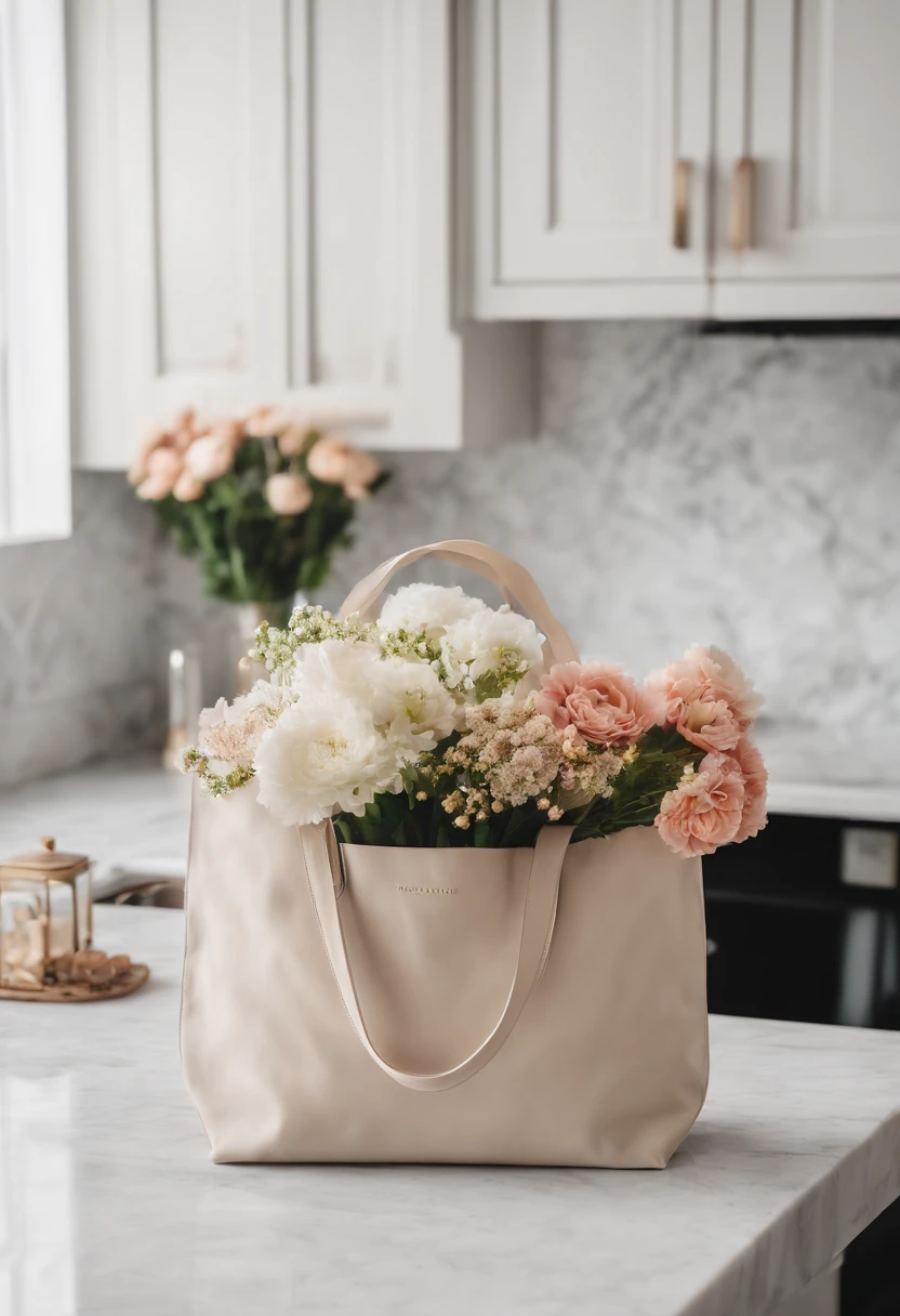 An aesthetic photo of a blank tote bag mockup placed on a marble countertop with fresh flowers and stylish accessories, showcasing its versatility as a fashion statement