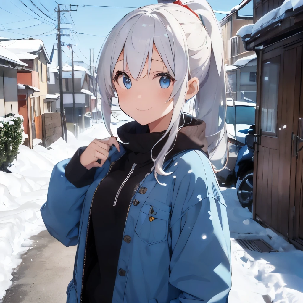 masutepiece, Best Quality, 8K_Wallpaper, (Beautiful eyes), ((There is an elevator on your left、There are a lot of people on board)), Cute, (Yellow Wear、Outerwear is blue、A friend runs downhill with a red pant trolling),1girl in,small tits,1 schoolgirl、Smile,(girl standing on mountain)、(((There is snow piled up higher than the head)))、Ski resort on a sunny day、snow board、(((girl standing on mountain)))(((snow boardを着用する)))、.、(((a smile)))、(((White hair)))、(((Blue eyes)))、((((ponytail on the side))))、(((Hair is raging)))、