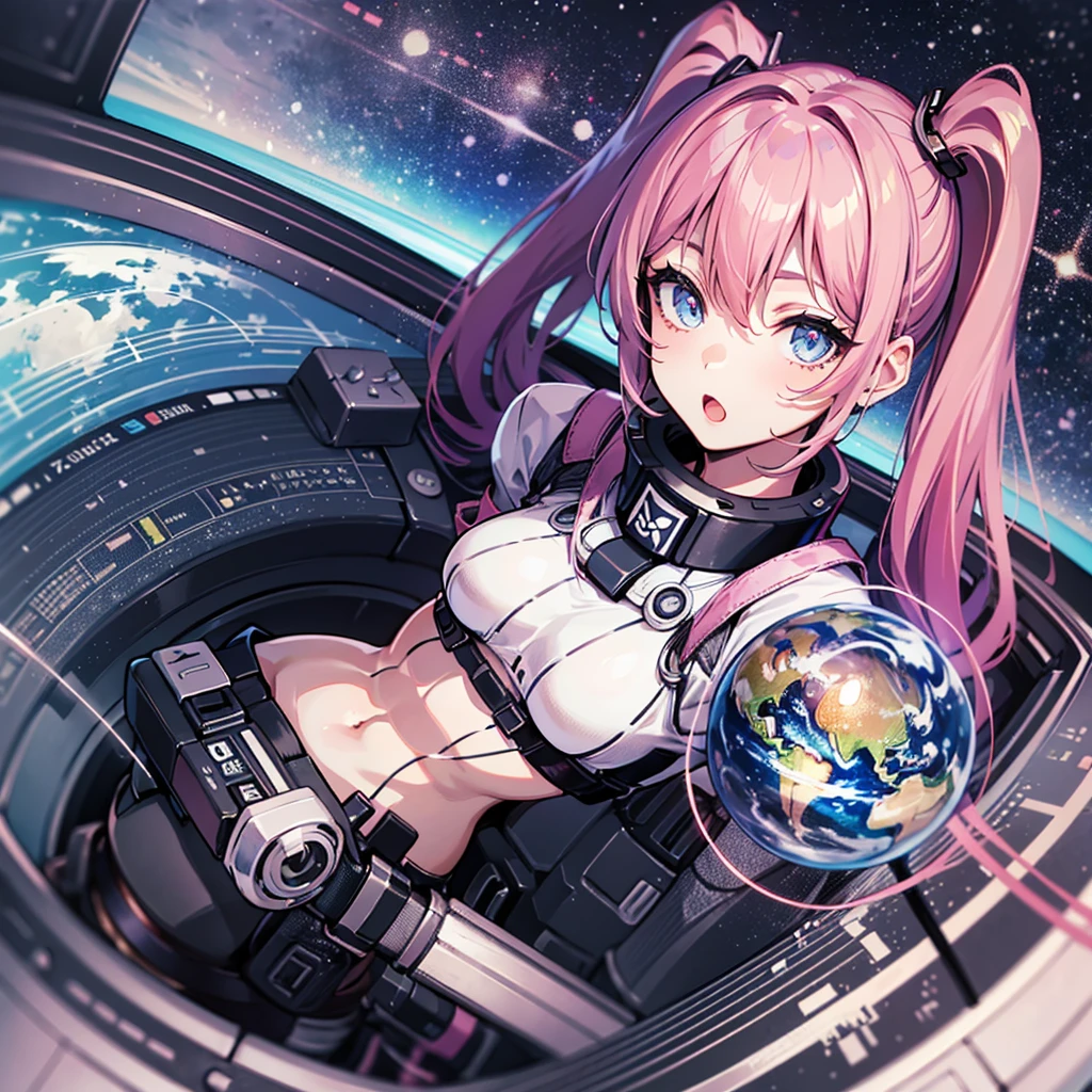 (((masterpiece、Top image quality、top-quality、highly detailed unity 8kwall-paper)))、((Illustration of one adult))、((25-years old))、(pilot)、(((Beautiful girl with a beautiful face、The body is a man)))、(((Twintails with pink hair)))、Light gray eyes、((Tall))、((Muscular strong man's body))、((Muscular strong man's body、solid chest、muscular chest plate、abdominals、muscular and thick arms、muscular and thick legs))、(((白いpilotスーツ)))、((manspreading、Sitting in the cockpit))、(space fighter cockpit、The Universe on the Monitor、Earth seen from space、Spaceport)